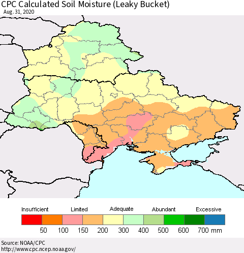 Ukraine, Moldova and Belarus CPC Calculated Soil Moisture (Leaky Bucket) Thematic Map For 8/26/2020 - 8/31/2020