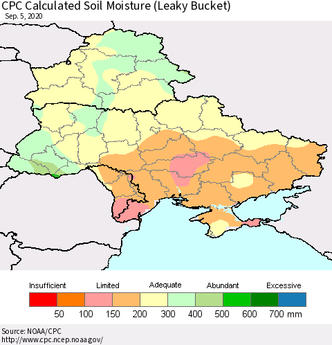Ukraine, Moldova and Belarus CPC Calculated Soil Moisture (Leaky Bucket) Thematic Map For 9/1/2020 - 9/5/2020