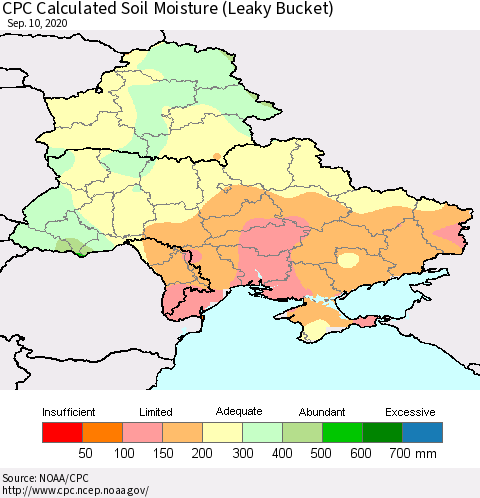 Ukraine, Moldova and Belarus CPC Soil Moisture (Leaky Bucket) Thematic Map For 9/6/2020 - 9/10/2020