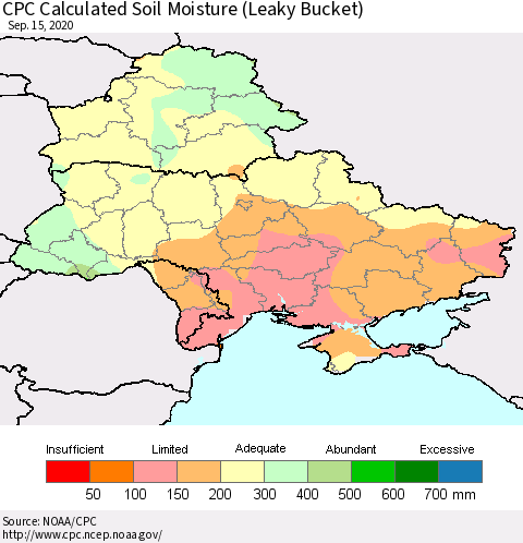 Ukraine, Moldova and Belarus CPC Soil Moisture (Leaky Bucket) Thematic Map For 9/11/2020 - 9/15/2020