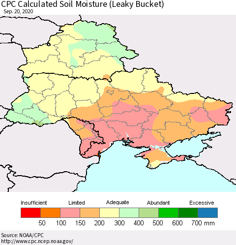 Ukraine, Moldova and Belarus CPC Calculated Soil Moisture (Leaky Bucket) Thematic Map For 9/16/2020 - 9/20/2020