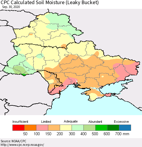 Ukraine, Moldova and Belarus CPC Calculated Soil Moisture (Leaky Bucket) Thematic Map For 9/26/2020 - 9/30/2020