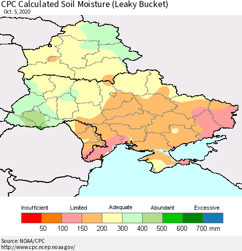 Ukraine, Moldova and Belarus CPC Calculated Soil Moisture (Leaky Bucket) Thematic Map For 10/1/2020 - 10/5/2020