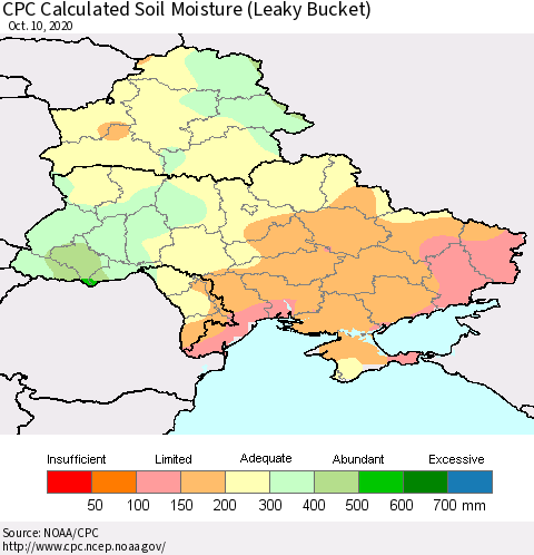 Ukraine, Moldova and Belarus CPC Calculated Soil Moisture (Leaky Bucket) Thematic Map For 10/6/2020 - 10/10/2020