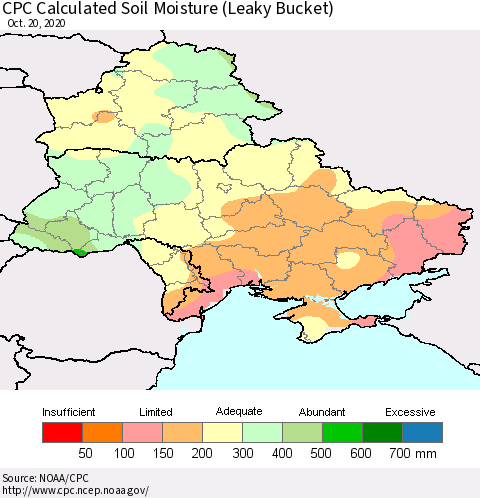Ukraine, Moldova and Belarus CPC Calculated Soil Moisture (Leaky Bucket) Thematic Map For 10/16/2020 - 10/20/2020