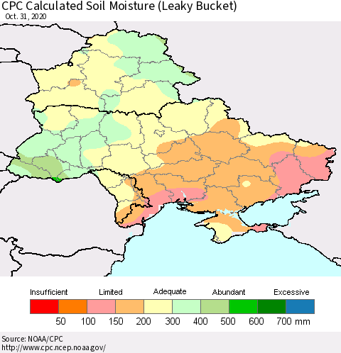 Ukraine, Moldova and Belarus CPC Calculated Soil Moisture (Leaky Bucket) Thematic Map For 10/26/2020 - 10/31/2020