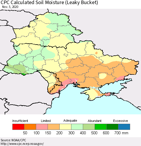 Ukraine, Moldova and Belarus CPC Calculated Soil Moisture (Leaky Bucket) Thematic Map For 11/1/2020 - 11/5/2020