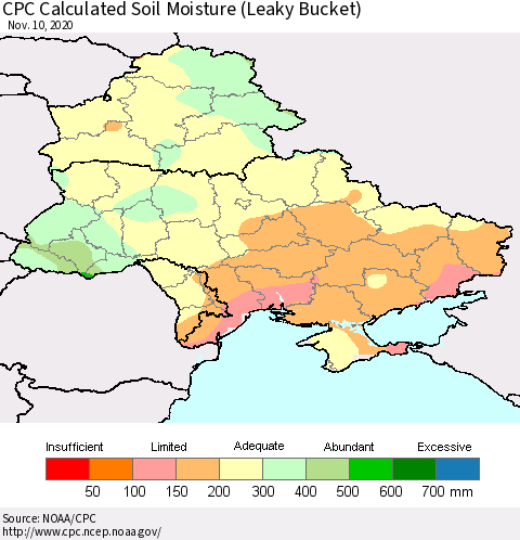 Ukraine, Moldova and Belarus CPC Calculated Soil Moisture (Leaky Bucket) Thematic Map For 11/6/2020 - 11/10/2020
