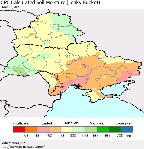 Ukraine, Moldova and Belarus CPC Soil Moisture (Leaky Bucket) Thematic Map For 11/11/2020 - 11/15/2020