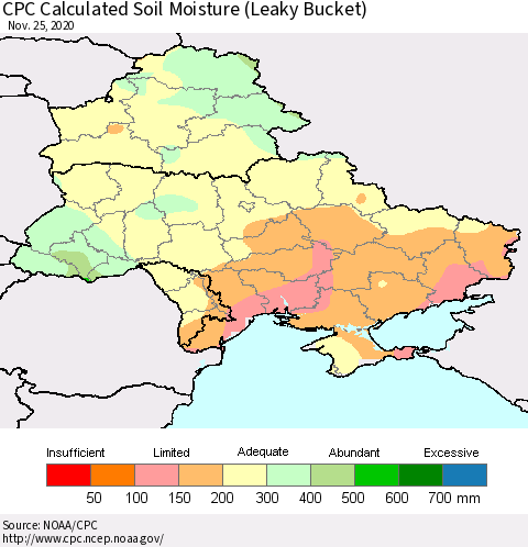 Ukraine, Moldova and Belarus CPC Calculated Soil Moisture (Leaky Bucket) Thematic Map For 11/21/2020 - 11/25/2020