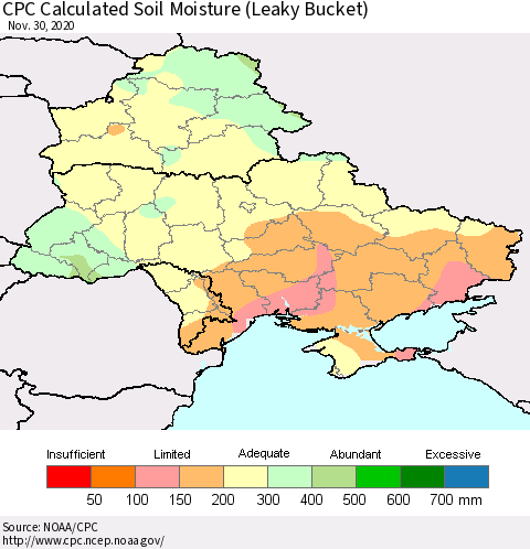 Ukraine, Moldova and Belarus CPC Calculated Soil Moisture (Leaky Bucket) Thematic Map For 11/26/2020 - 11/30/2020
