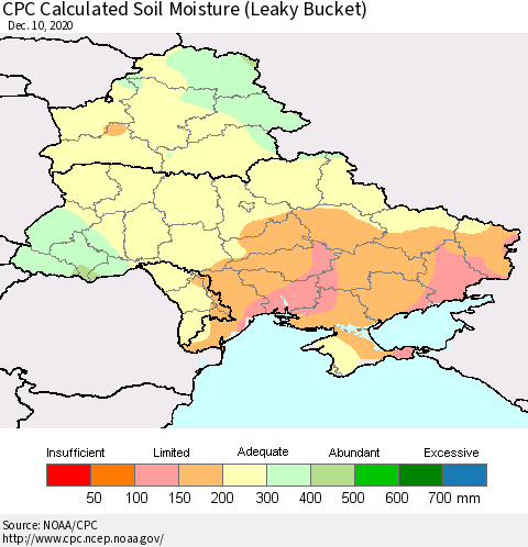 Ukraine, Moldova and Belarus CPC Calculated Soil Moisture (Leaky Bucket) Thematic Map For 12/6/2020 - 12/10/2020