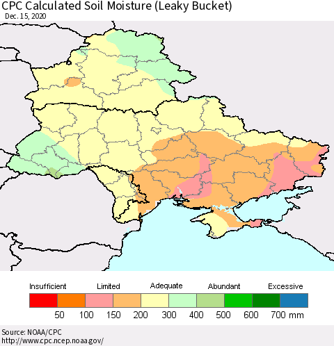 Ukraine, Moldova and Belarus CPC Calculated Soil Moisture (Leaky Bucket) Thematic Map For 12/11/2020 - 12/15/2020