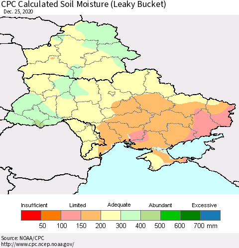 Ukraine, Moldova and Belarus CPC Calculated Soil Moisture (Leaky Bucket) Thematic Map For 12/21/2020 - 12/25/2020