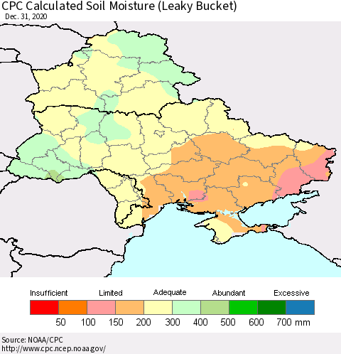 Ukraine, Moldova and Belarus CPC Calculated Soil Moisture (Leaky Bucket) Thematic Map For 12/26/2020 - 12/31/2020