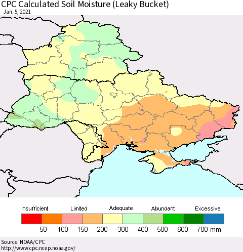 Ukraine, Moldova and Belarus CPC Calculated Soil Moisture (Leaky Bucket) Thematic Map For 1/1/2021 - 1/5/2021