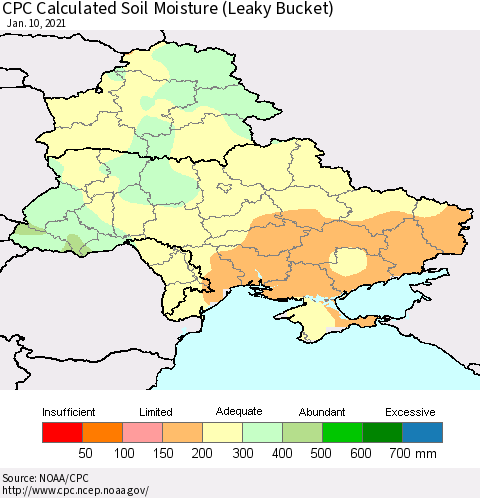 Ukraine, Moldova and Belarus CPC Calculated Soil Moisture (Leaky Bucket) Thematic Map For 1/6/2021 - 1/10/2021