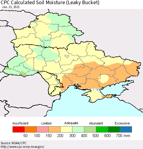 Ukraine, Moldova and Belarus CPC Calculated Soil Moisture (Leaky Bucket) Thematic Map For 1/11/2021 - 1/15/2021