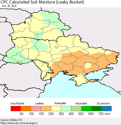 Ukraine, Moldova and Belarus CPC Calculated Soil Moisture (Leaky Bucket) Thematic Map For 1/16/2021 - 1/20/2021