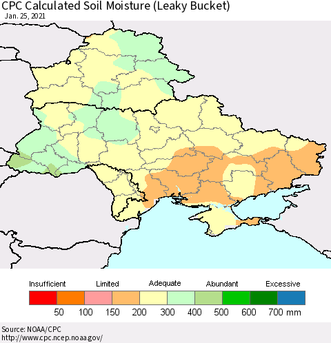 Ukraine, Moldova and Belarus CPC Calculated Soil Moisture (Leaky Bucket) Thematic Map For 1/21/2021 - 1/25/2021