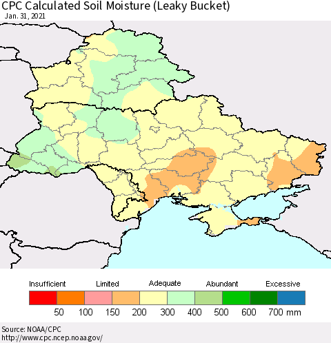 Ukraine, Moldova and Belarus CPC Soil Moisture (Leaky Bucket) Thematic Map For 1/26/2021 - 1/31/2021