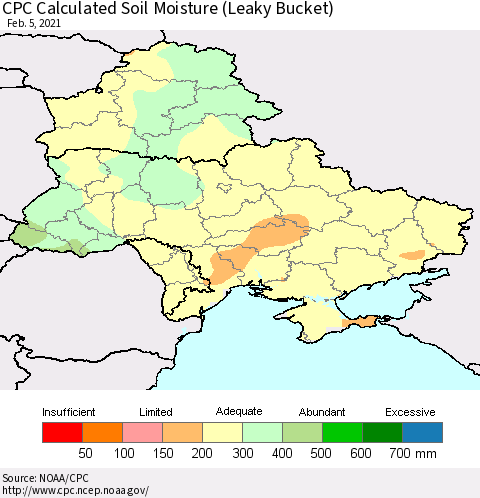 Ukraine, Moldova and Belarus CPC Soil Moisture (Leaky Bucket) Thematic Map For 2/1/2021 - 2/5/2021