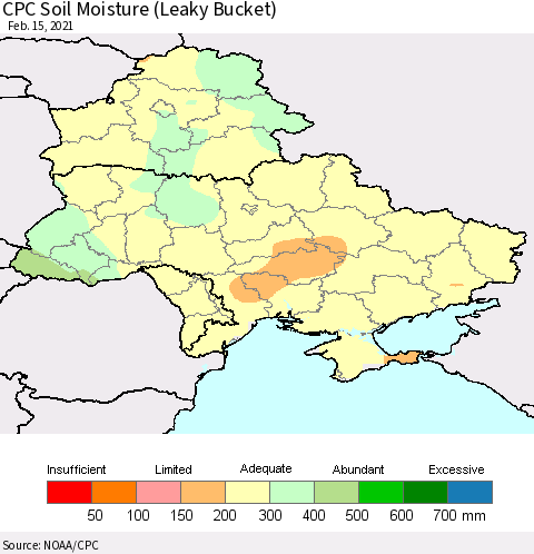 Ukraine, Moldova and Belarus CPC Calculated Soil Moisture (Leaky Bucket) Thematic Map For 2/11/2021 - 2/15/2021