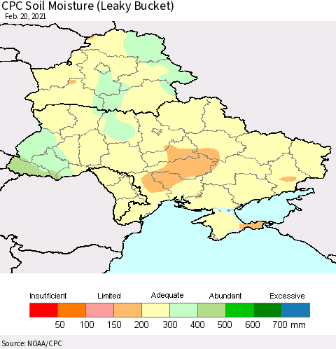 Ukraine, Moldova and Belarus CPC Calculated Soil Moisture (Leaky Bucket) Thematic Map For 2/16/2021 - 2/20/2021