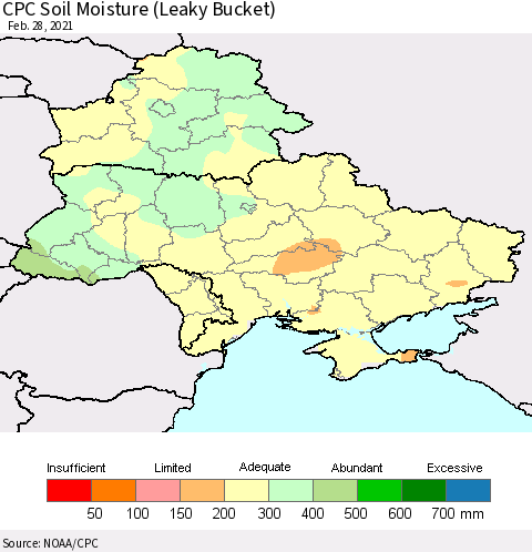 Ukraine, Moldova and Belarus CPC Calculated Soil Moisture (Leaky Bucket) Thematic Map For 2/26/2021 - 2/28/2021