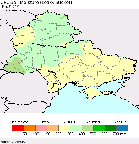 Ukraine, Moldova and Belarus CPC Calculated Soil Moisture (Leaky Bucket) Thematic Map For 3/26/2021 - 3/31/2021