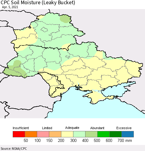 Ukraine, Moldova and Belarus CPC Soil Moisture (Leaky Bucket) Thematic Map For 4/1/2021 - 4/5/2021