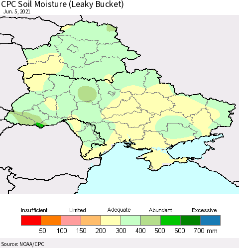 Ukraine, Moldova and Belarus CPC Calculated Soil Moisture (Leaky Bucket) Thematic Map For 6/1/2021 - 6/5/2021