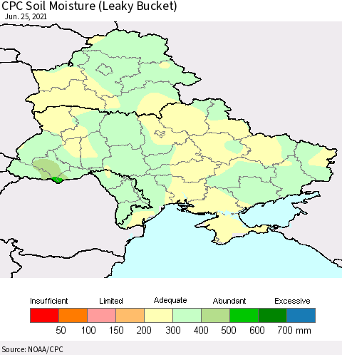 Ukraine, Moldova and Belarus CPC Calculated Soil Moisture (Leaky Bucket) Thematic Map For 6/21/2021 - 6/25/2021