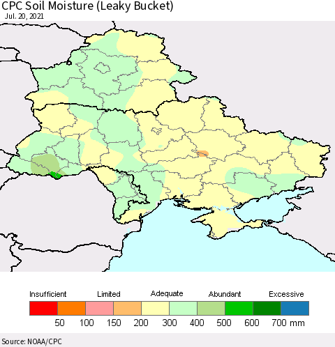 Ukraine, Moldova and Belarus CPC Soil Moisture (Leaky Bucket) Thematic Map For 7/16/2021 - 7/20/2021