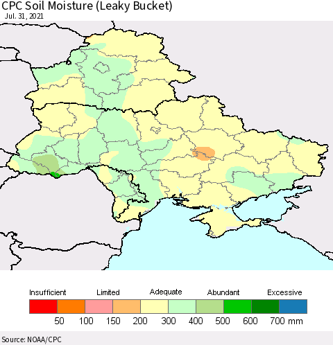 Ukraine, Moldova and Belarus CPC Soil Moisture (Leaky Bucket) Thematic Map For 7/26/2021 - 7/31/2021