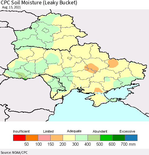 Ukraine, Moldova and Belarus CPC Calculated Soil Moisture (Leaky Bucket) Thematic Map For 8/11/2021 - 8/15/2021