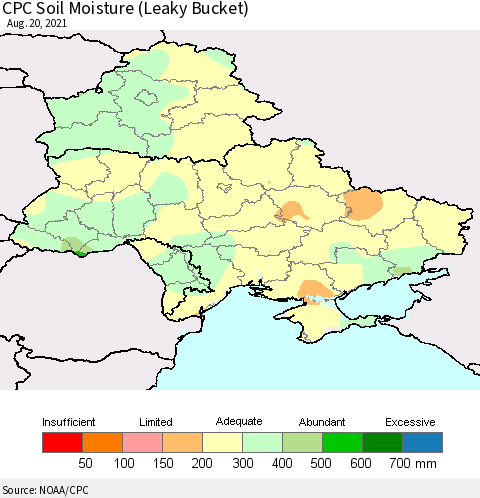 Ukraine, Moldova and Belarus CPC Soil Moisture (Leaky Bucket) Thematic Map For 8/16/2021 - 8/20/2021