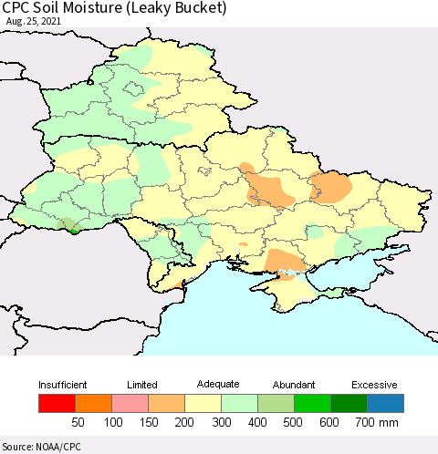 Ukraine, Moldova and Belarus CPC Soil Moisture (Leaky Bucket) Thematic Map For 8/21/2021 - 8/25/2021
