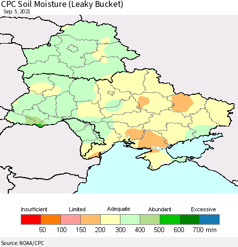 Ukraine, Moldova and Belarus CPC Calculated Soil Moisture (Leaky Bucket) Thematic Map For 9/1/2021 - 9/5/2021