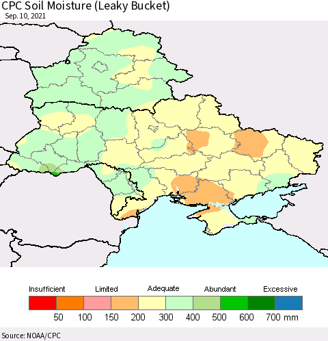 Ukraine, Moldova and Belarus CPC Soil Moisture (Leaky Bucket) Thematic Map For 9/6/2021 - 9/10/2021