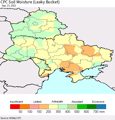 Ukraine, Moldova and Belarus CPC Calculated Soil Moisture (Leaky Bucket) Thematic Map For 9/11/2021 - 9/15/2021