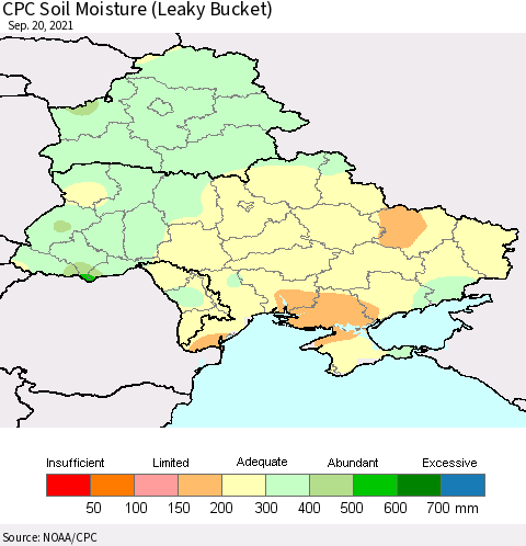 Ukraine, Moldova and Belarus CPC Calculated Soil Moisture (Leaky Bucket) Thematic Map For 9/16/2021 - 9/20/2021