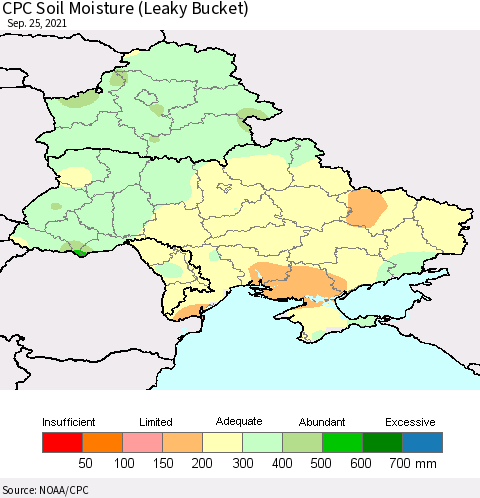 Ukraine, Moldova and Belarus CPC Soil Moisture (Leaky Bucket) Thematic Map For 9/21/2021 - 9/25/2021