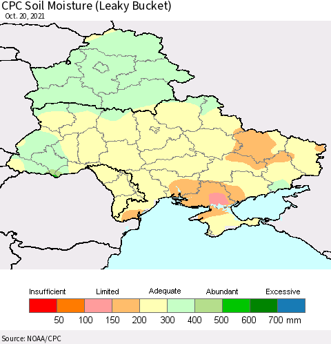 Ukraine, Moldova and Belarus CPC Calculated Soil Moisture (Leaky Bucket) Thematic Map For 10/16/2021 - 10/20/2021