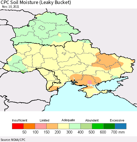 Ukraine, Moldova and Belarus CPC Calculated Soil Moisture (Leaky Bucket) Thematic Map For 11/6/2021 - 11/10/2021