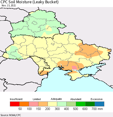 Ukraine, Moldova and Belarus CPC Calculated Soil Moisture (Leaky Bucket) Thematic Map For 11/11/2021 - 11/15/2021