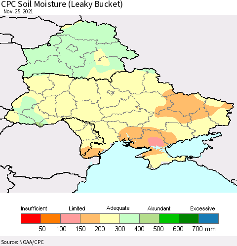 Ukraine, Moldova and Belarus CPC Calculated Soil Moisture (Leaky Bucket) Thematic Map For 11/21/2021 - 11/25/2021