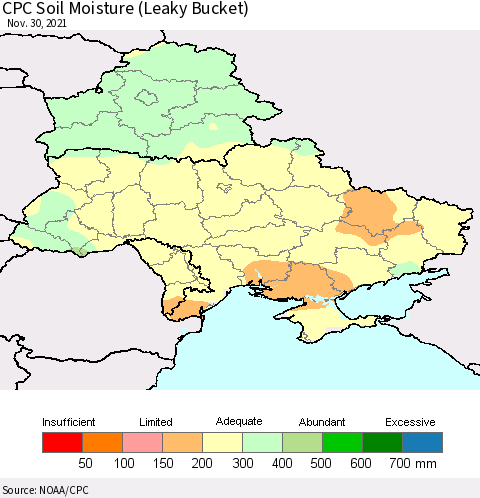 Ukraine, Moldova and Belarus CPC Soil Moisture (Leaky Bucket) Thematic Map For 11/26/2021 - 11/30/2021