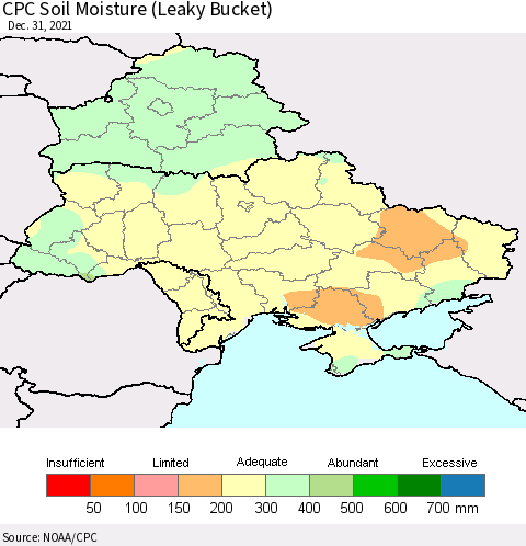 Ukraine, Moldova and Belarus CPC Soil Moisture (Leaky Bucket) Thematic Map For 12/26/2021 - 12/31/2021