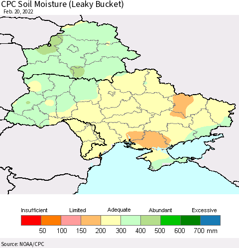 Ukraine, Moldova and Belarus CPC Soil Moisture (Leaky Bucket) Thematic Map For 2/16/2022 - 2/20/2022